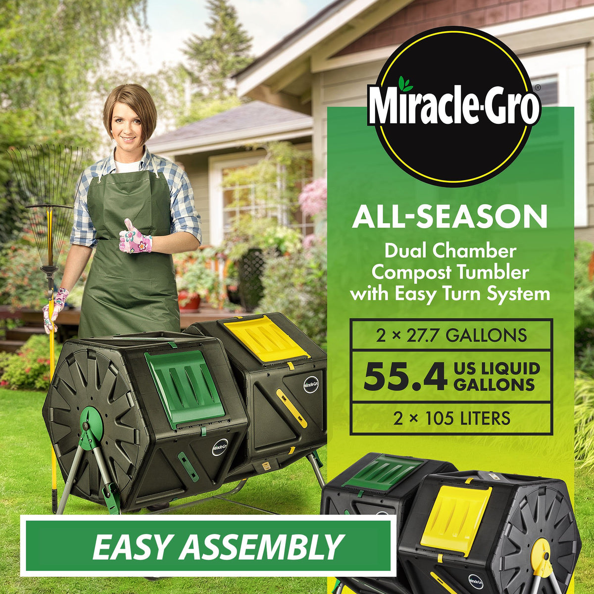 Miracle-Gro Large Dual Chamber Compost Tumbler – Easy-Turn, Fast