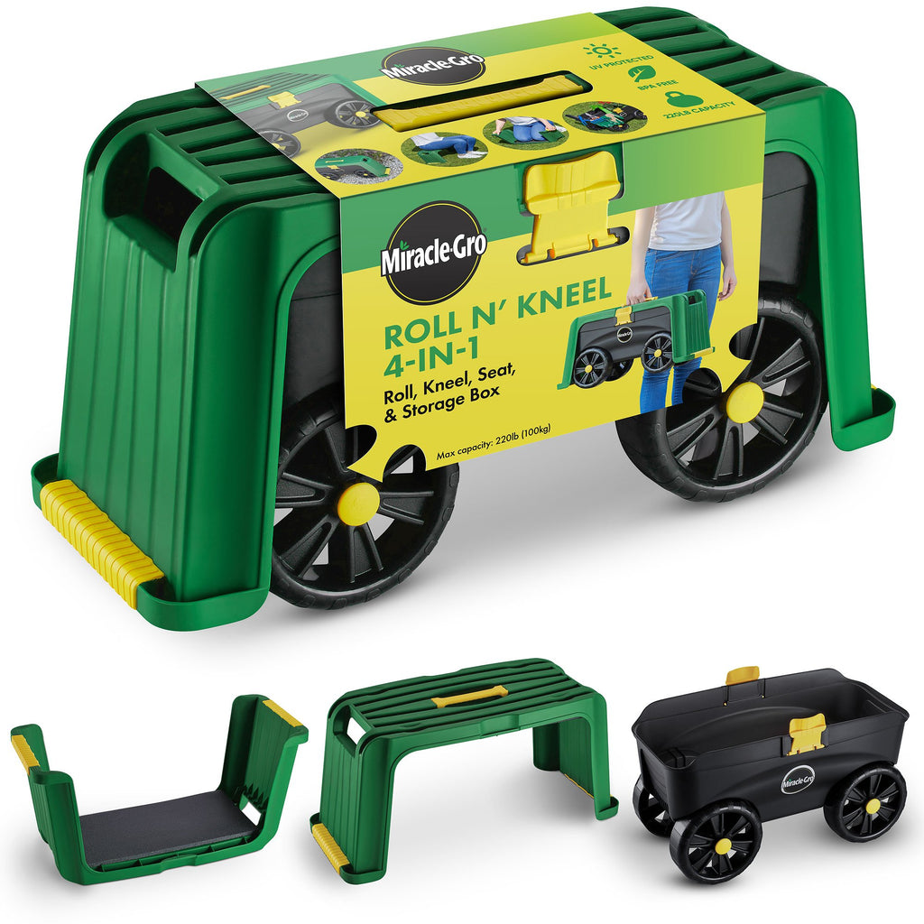 Miracle-Gro 4-in-1 Garden Stool – Multi-Use Garden Scooter with Seat – Rolling Cart with Storage Bin– Padded Kneeler and Tool storage - Accessible Gardening for All Ages + FREE Scotts Gardening Gloves
