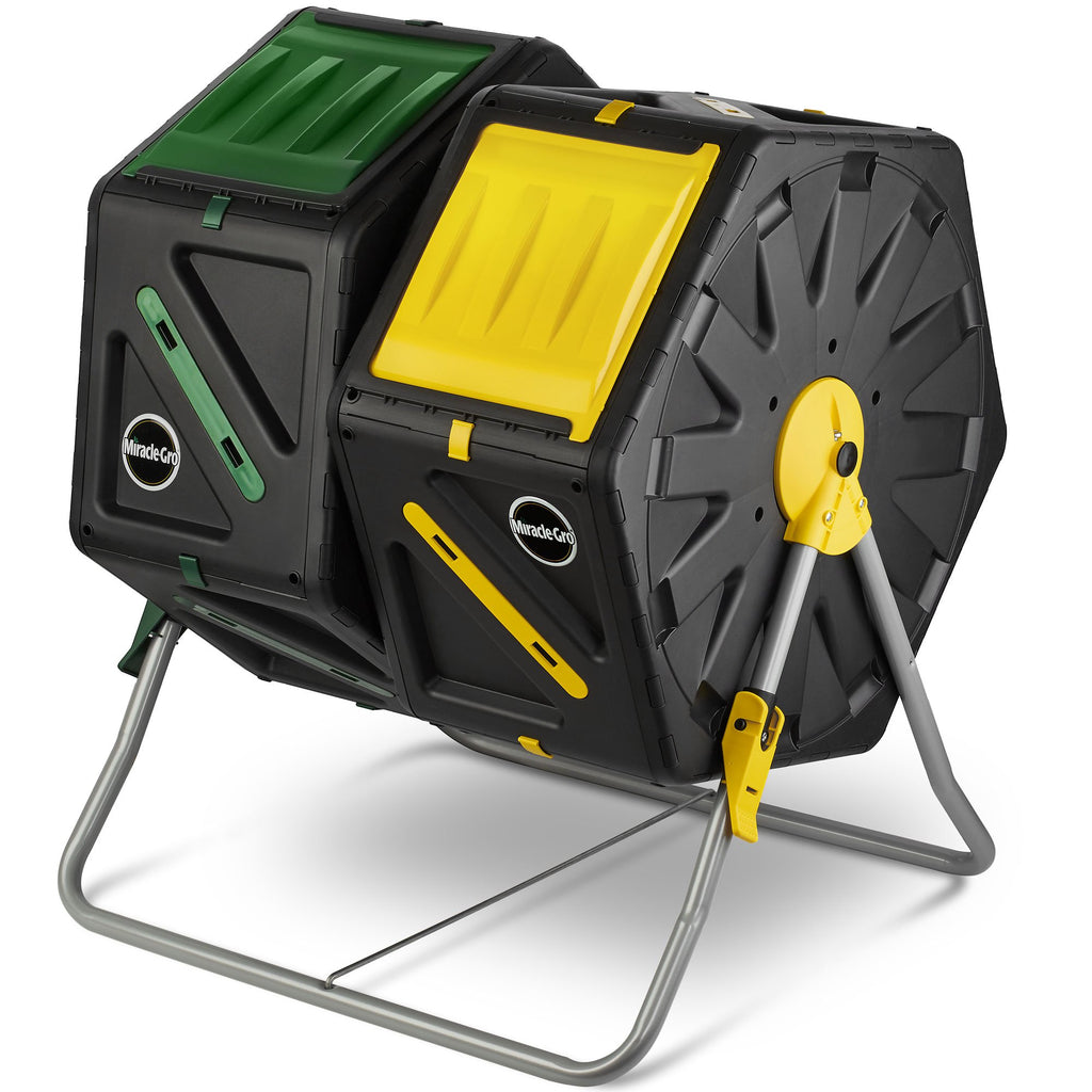 Miracle-Gro Dual Chamber Compost Tumbler – Outdoor Compost Bin, 2 Sliding Doors, (2 X 18.5 Gallon / 70 Liter)